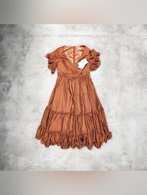 NWT Mac Duggal Rust Ruffle Midi Cocktail Dress Size 10 V-Neck A-Line Boho Tiered